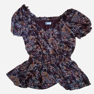 SO Burgundy Purple Floral Smocked Peplum Top